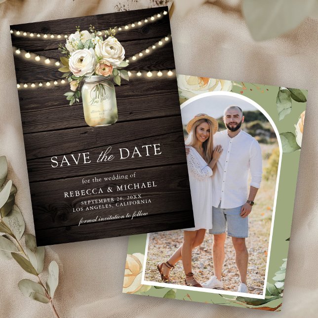 Reserva La Fecha Boda de madera de fotos de White Roses Mason Jar (Subido por el creador)