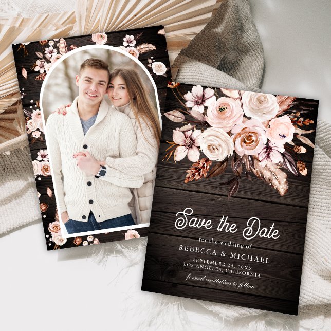 Reserva La Fecha Boda de Madera Floral Boho Terroso Fotográfico (Subido por el creador)