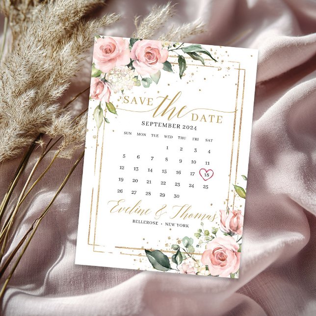 Reserva La Fecha Boda de marco dorado floral rosa rubio (Romantic blush pink floral gold frame wedding save the date)