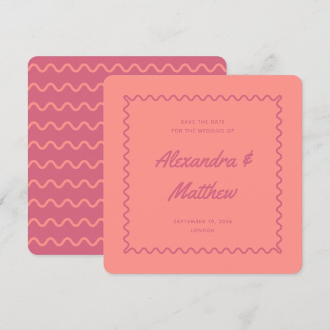 Reserva La Fecha Boda de marco ondulado rosa rosa rosado retro vint (Anverso / Reverso)