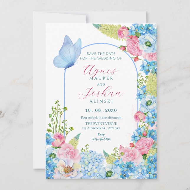 Reserva La Fecha Boda de mariposa de flor rosa azul  (Anverso)