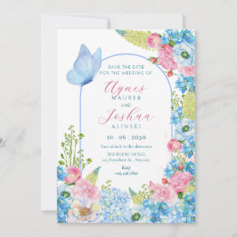 Reserva La Fecha Boda de mariposa de flor rosa azul 