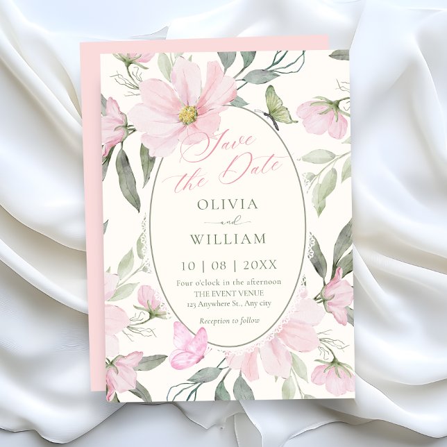 Reserva La Fecha Boda de mariposa floral suave rosa (Subido por el creador)