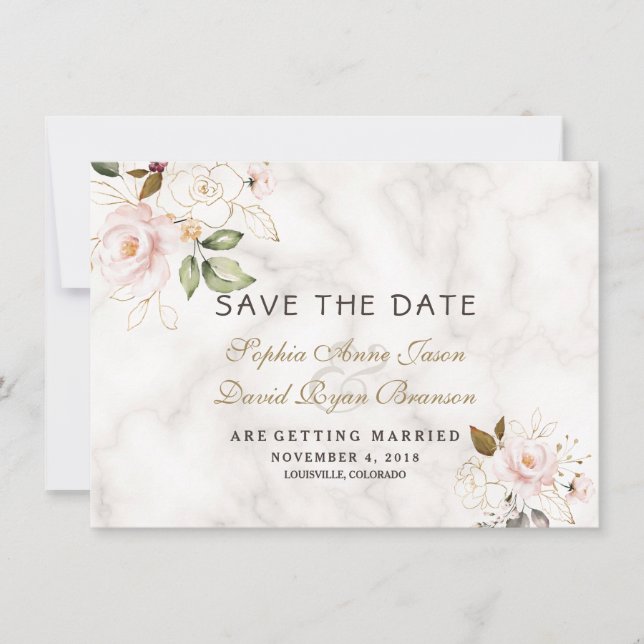 Reserva La Fecha Boda de mármol floral rosa carmesí dorado (Anverso)