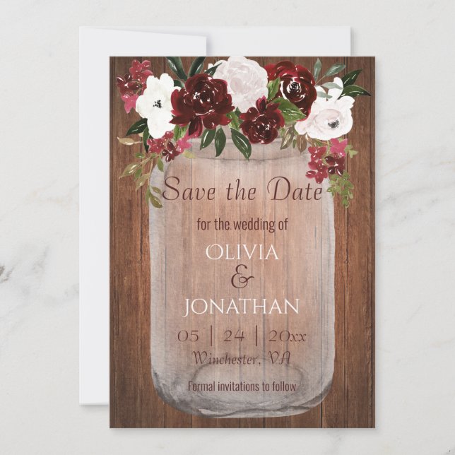 Reserva La Fecha Boda de Mason Jar, floral de borgoña rusa (Anverso)
