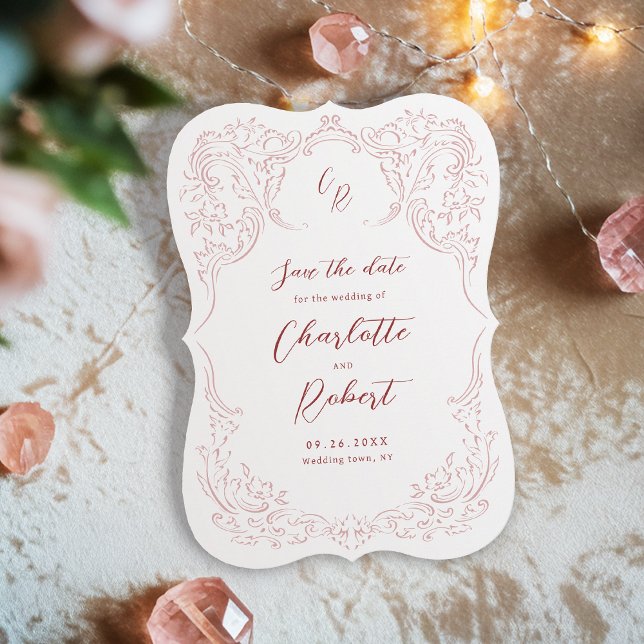 Reserva La Fecha Boda de Monograma con sabor a vinagre rosado (Pink Sketched Vintage Flourish Monogram Wedding Save The Date)