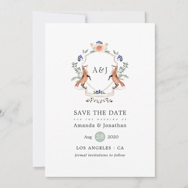 Reserva La Fecha Boda de monograma de cresta de laurel de bosque ac (Anverso)