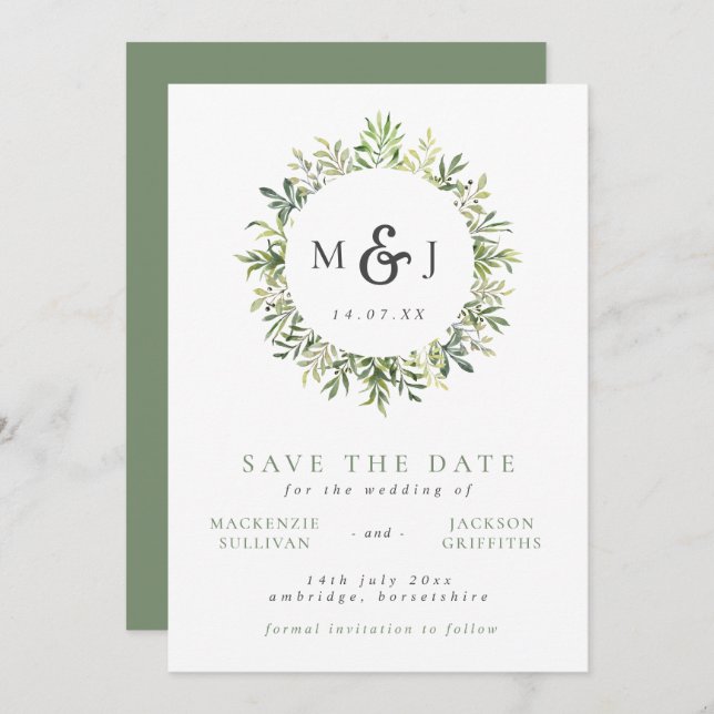 Reserva La Fecha Boda de monograma de Wreath de la vegetación moder (Anverso / Reverso)