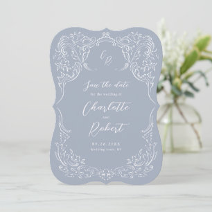 Reserva La Fecha Boda de Monograma Dusty Blue Vintage Flourish