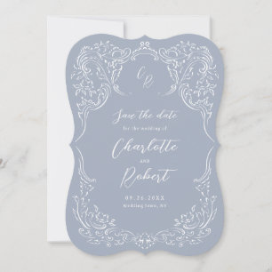 Reserva La Fecha Boda de Monograma Dusty Blue Vintage Flourish