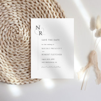 Reserva La Fecha Boda de Monograma Elegante Blanco y Negro