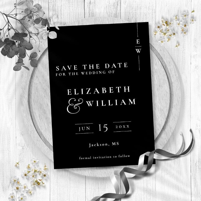Reserva La Fecha Boda De Monograma Elegante Moderno En Blanco Y Neg (Black And White Modern Elegant Monogram Wedding Save The Date)