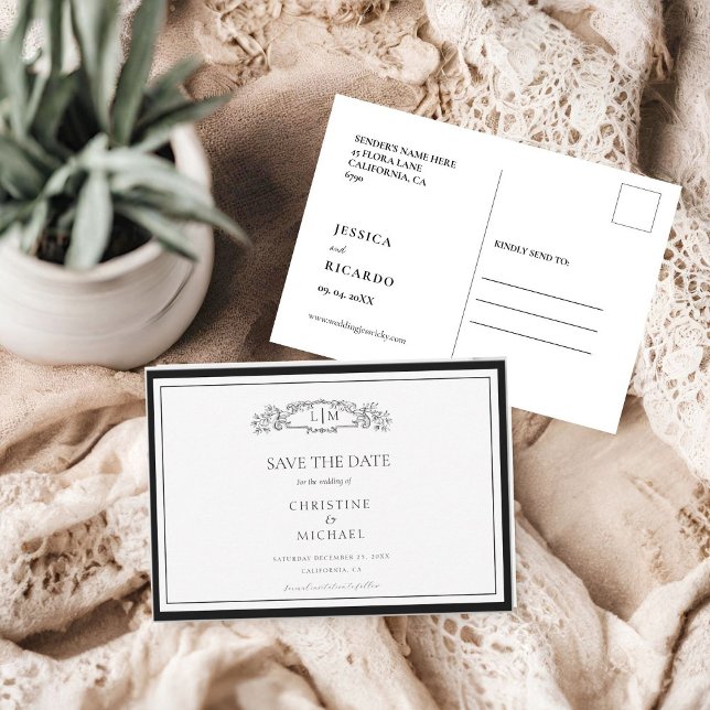 Reserva La Fecha Boda de monograma escudo botánico elegante y de Mo (Subido por el creador)