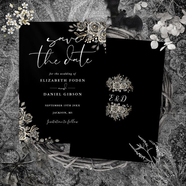 Reserva La Fecha Boda De Monograma Floral Gótico Negro Y Blanco (Black And White Gothic Floral Monogram Wedding Save The Date)