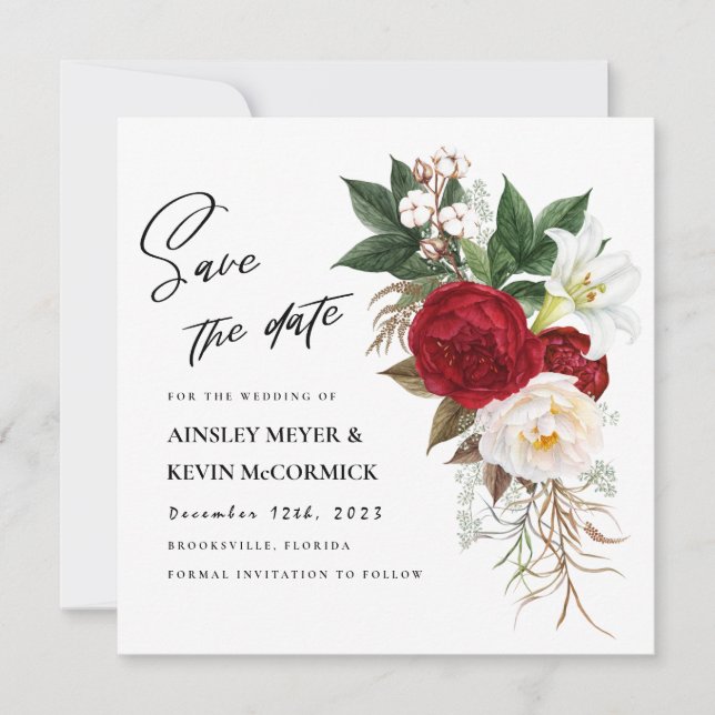 Reserva La Fecha Boda de Monograma Floral Rojo Lush (Anverso)