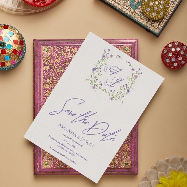 Reserva La Fecha Boda de monograma morado floral salva la fecha (Purple Floral Monogram Wedding Save the Date)