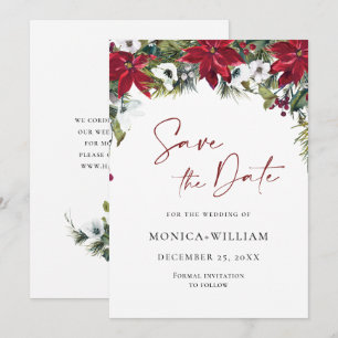 Reserva La Fecha Boda de Navidad elegante con poinsettia roja