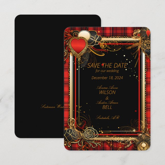 Reserva La Fecha Boda de Navidad en Rojo, Negro y Dorado  (Anverso / Reverso)