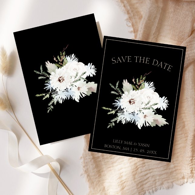 Reserva La Fecha Boda de Navidades blancos y negros en invierno (Winter White Floral and Black Christmas Wedding Save The Date)