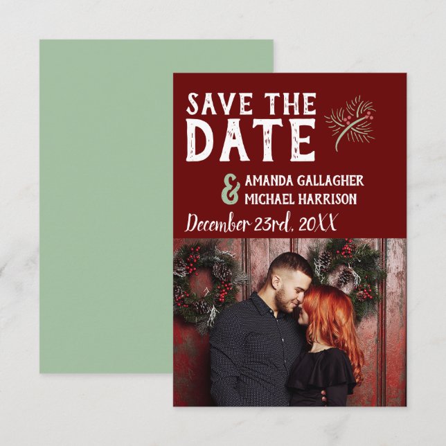 Reserva La Fecha Boda de navidades Burgundy Sage Winter Pine Photo (Anverso / Reverso)