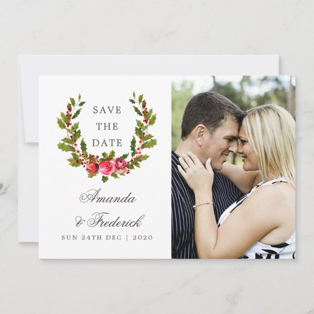 Reserva La Fecha Boda de navidades Floral Holly Save the Date foto (Anverso)