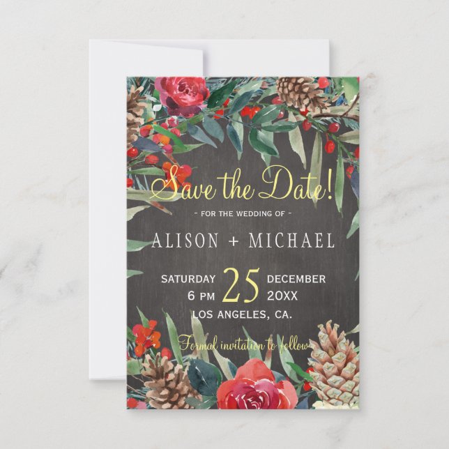 Reserva La Fecha Boda de Navidades florales de invierno de pizarra  (Anverso)