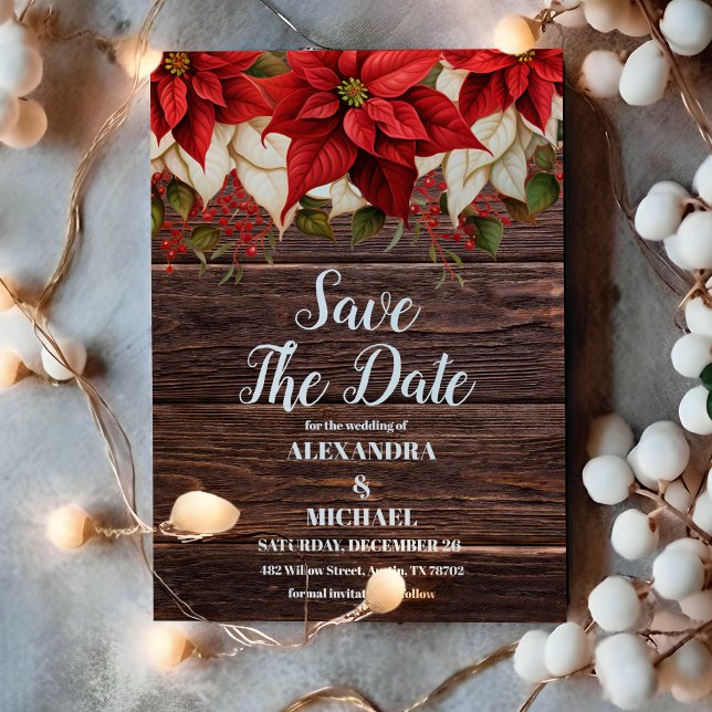 Reserva La Fecha Boda de Navidades florales de Poinsettia Rustic Wo (Subido por el creador)