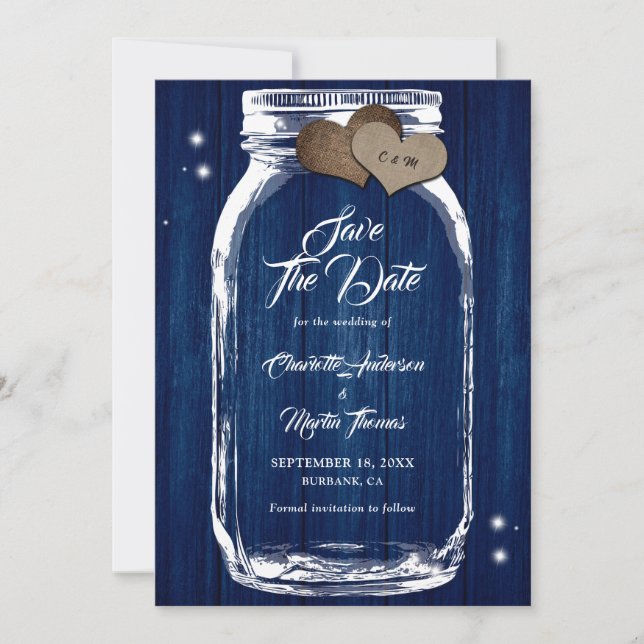 Reserva La Fecha Boda de Navy Blue Rustic Wood Mason Jar (Anverso)