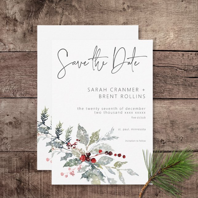 Reserva La Fecha Boda de Nieve y Berries, un invierno ruso (Rustic Winter Holly Berries & Snow Save the Date Card)