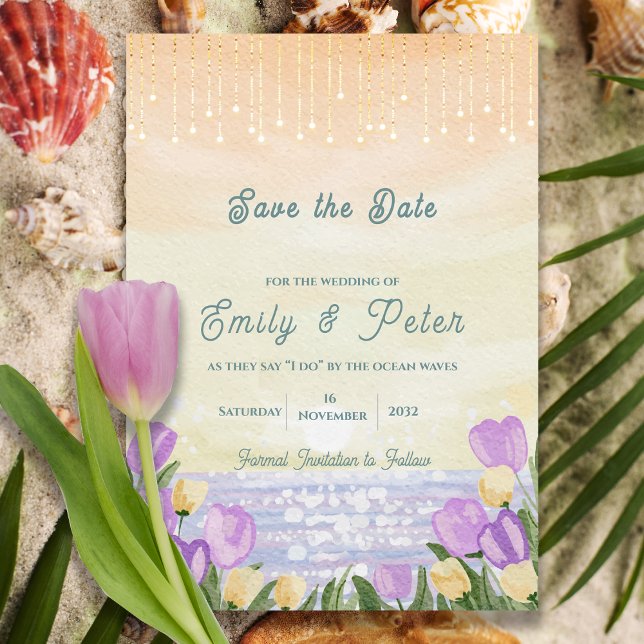 Reserva La Fecha Boda de olas del océano romántico en playa con acu (Watercolor Beach Romantic Ocean Waves Wedding Save The Date)