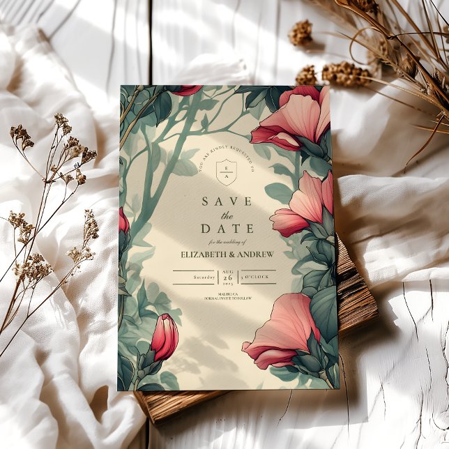 Reserva La Fecha Boda de oro verde floral Art Nouveau (Subido por el creador)