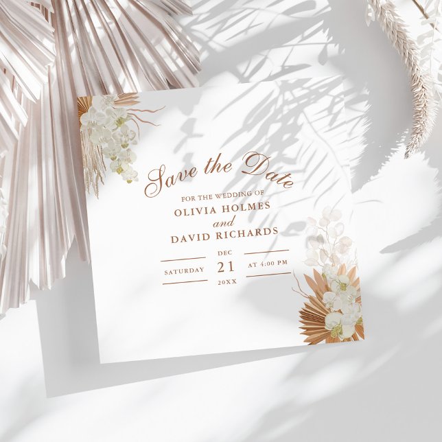 Reserva La Fecha Boda de orquídeas de hierba de Terracota Pampas (Modern Terracotta Pampas Grass Orchids Wedding Save The Date on a sunny white table.
)