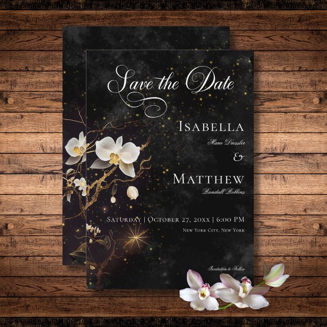 Reserva La Fecha Boda de ortografía gótica negra y blanca (Dark Gothic Black & White Orchid Spells Wedding Save The Date Card)