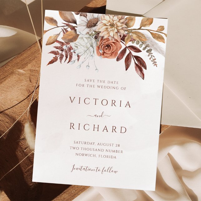 Reserva La Fecha Boda de otoño boho flores de terracota óxido (Subido por el creador)
