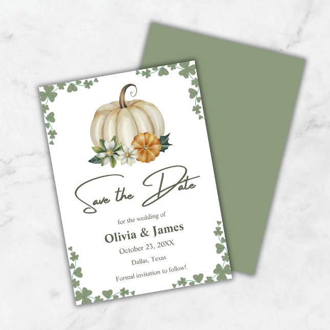 Reserva La Fecha Boda de Otoño Calabaza Verde Sage Enamórate   (Fall in Love Pumpkin Sage Green Wedding Save The Date Card )