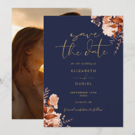 Reserva La Fecha Boda de Otoño con Foto Floral Rústica de Azul Mari
