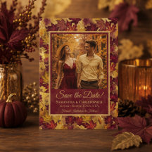 Boda de Otoño de Borgoña y Dorado con Hojas y Foto