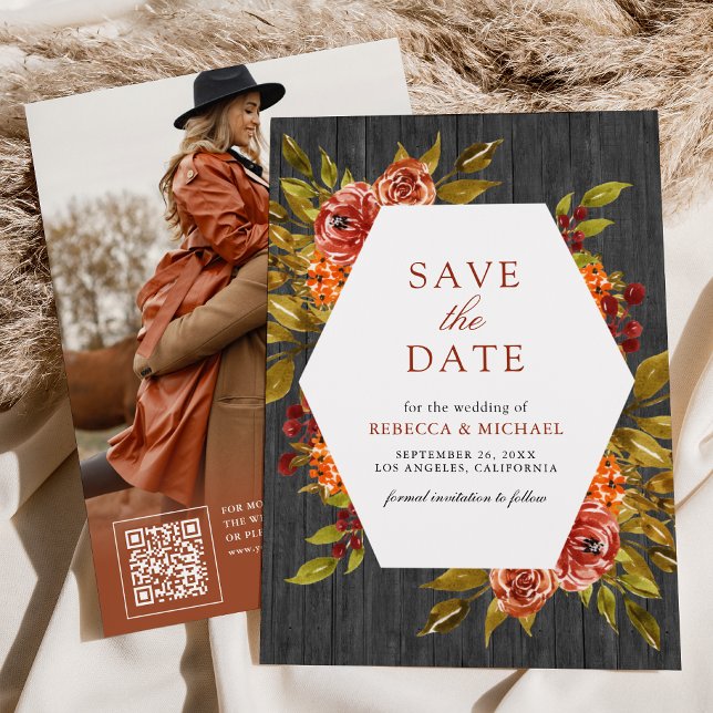 Reserva La Fecha Boda de otoño floral naranja quemada madera gris (Subido por el creador)
