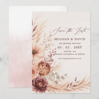 Reserva La Fecha Boda de Otoño Floral Pampas Burgundy Rústica