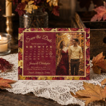 Boda de Otoño Hojas de Burdeos Calendario y Foto