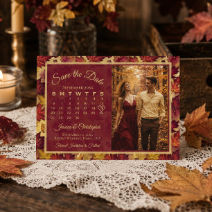 Reserva La Fecha Boda de Otoño Hojas de Burdeos Calendario y Foto