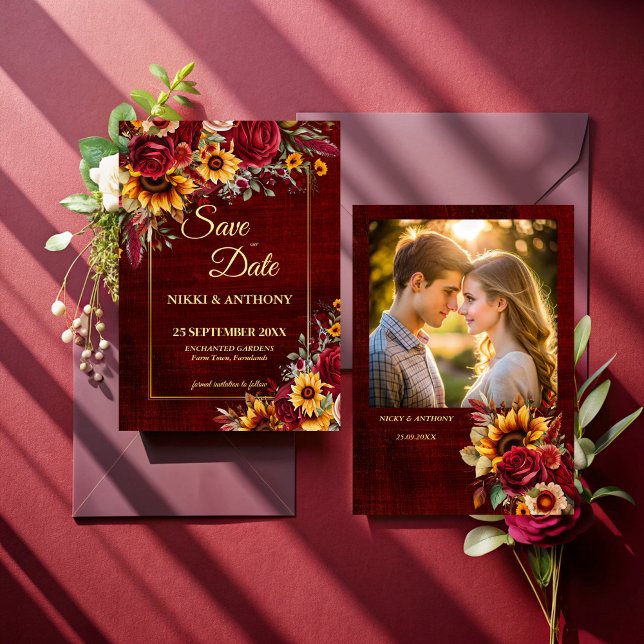 Reserva La Fecha Boda de otoño rosas burdeos foto de girasol amaril (Sunflowers burgundy roses fall wedding photo template save the date card)
