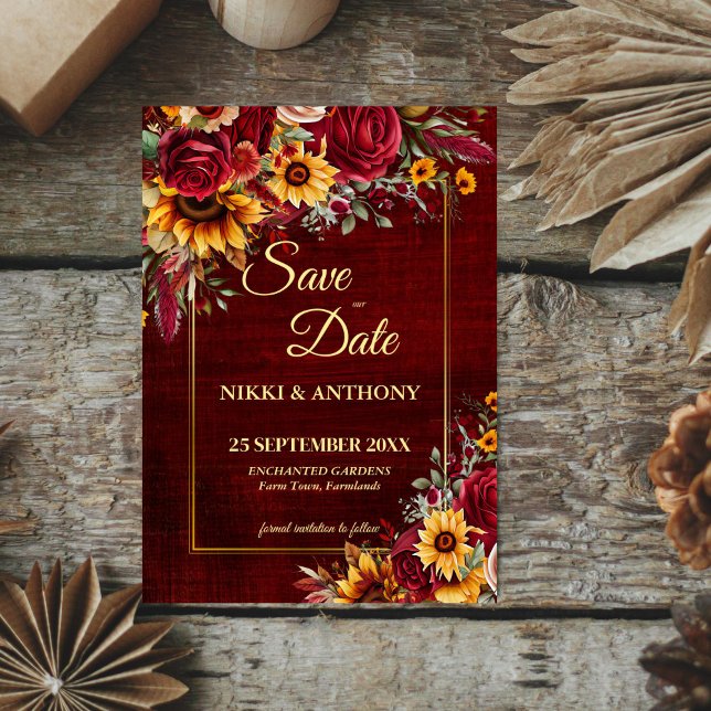 Reserva La Fecha Boda de otoño rosas burdeos girasoles amarillos (Fall wedding burgundy roses yellow sunflowers save the date qr website template digital download)
