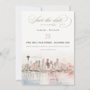 Reserva La Fecha Boda de paisaje en acuarela de Seattle, Washington