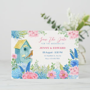 Reserva La Fecha Boda de pájaro con flores rosadas azules