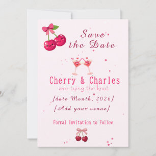Reserva La Fecha Boda de pareja de cereza kawaii linda rosa y roja