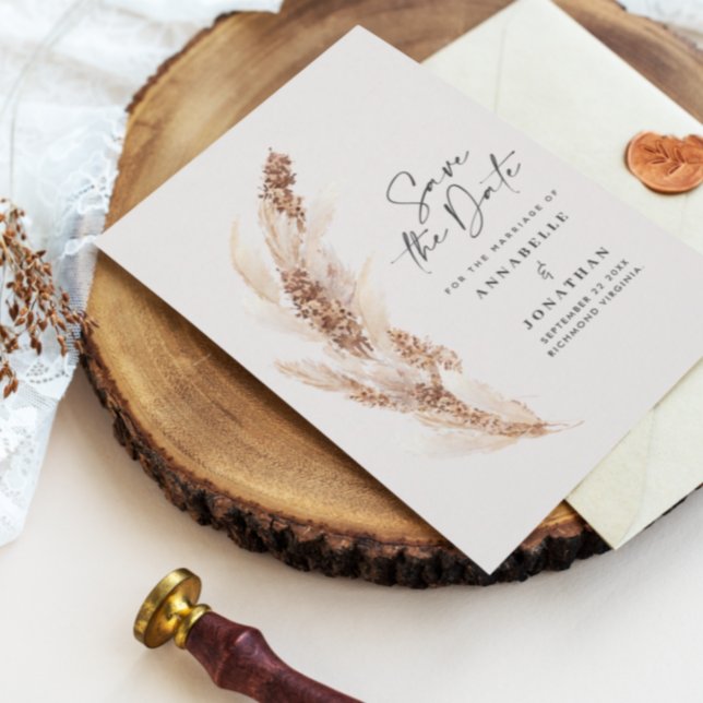 Reserva La Fecha Boda de pasto bohemio-natural pampas moderno (Subido por el creador)