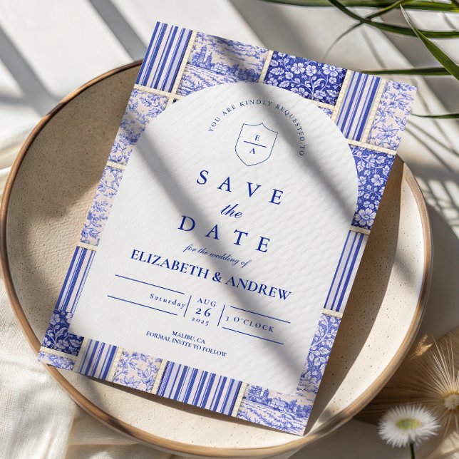 Reserva La Fecha Boda de patchwork de toile azul blanco (Subido por el creador)
