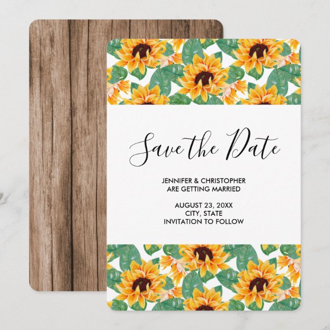 Reserva La Fecha Boda de patrón de girasol amarillo y hojas (Anverso / Reverso)