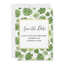 Boda de patrón de hojas tropicales verdes de diseñ